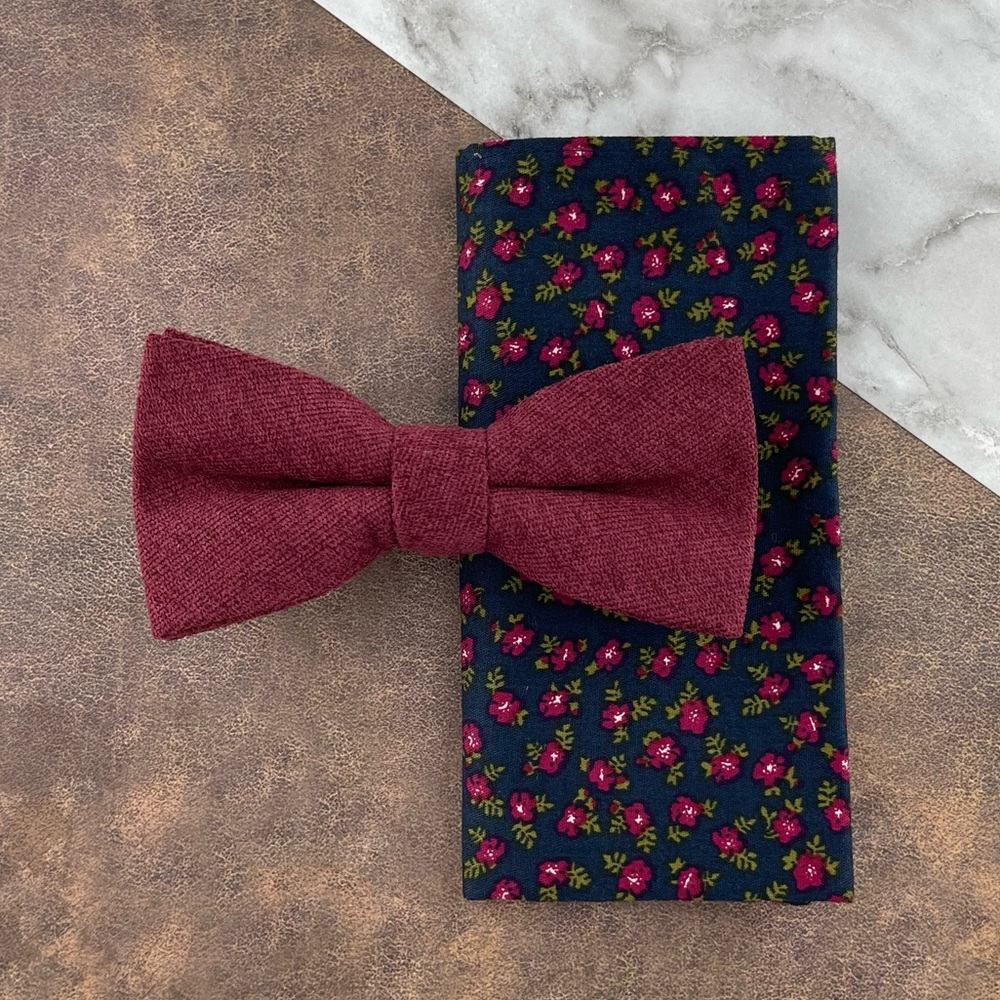 Men’s Deep Raspberry Velour Bow Tie & Navy Floral Pocket Square